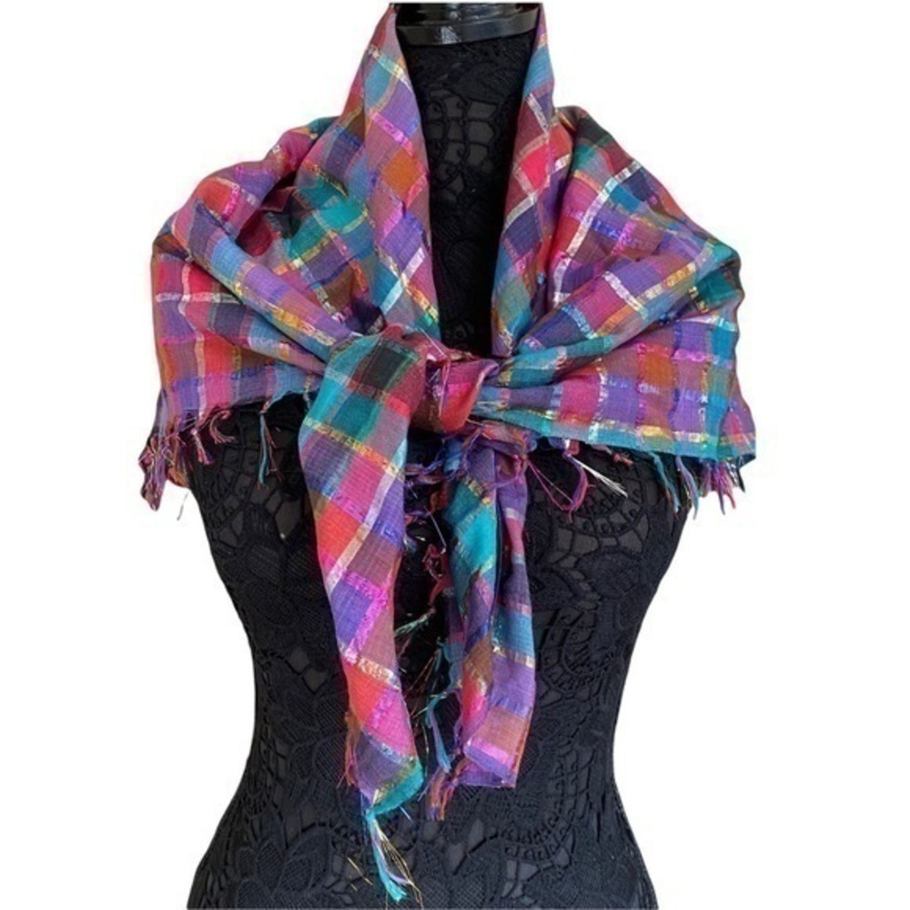 Nordstrom Magenta Pink Red Green Metallic Cotton Plaid Square Scarf Wrap